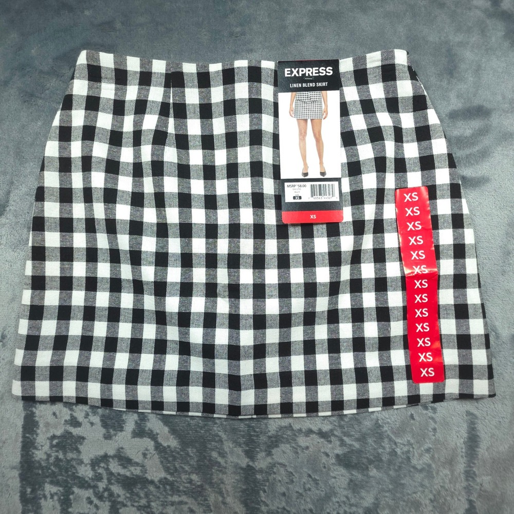 Express Linen Blend Gingham Mini Skirt Black White Plaid XS EX012755